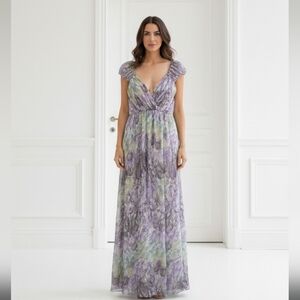 ANTHROPOLOGIE traffic people silk maxi dress feathers print green purp Medium @K